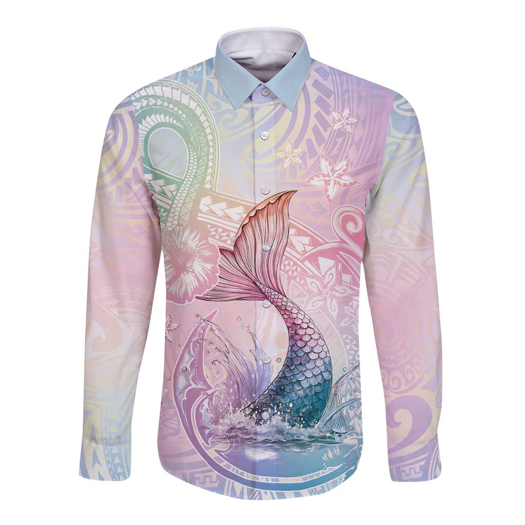 Hawaii Mermaid Sweet Pastel Long Sleeve Button Shirt Polynesian Pattern Fish Hook LT01 Unisex Multicolor - Polynesian Pride