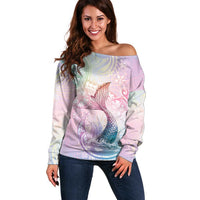 Hawaii Mermaid Sweet Pastel Off Shoulder Sweater Polynesian Pattern Fish Hook LT01 Women Multicolor - Polynesian Pride