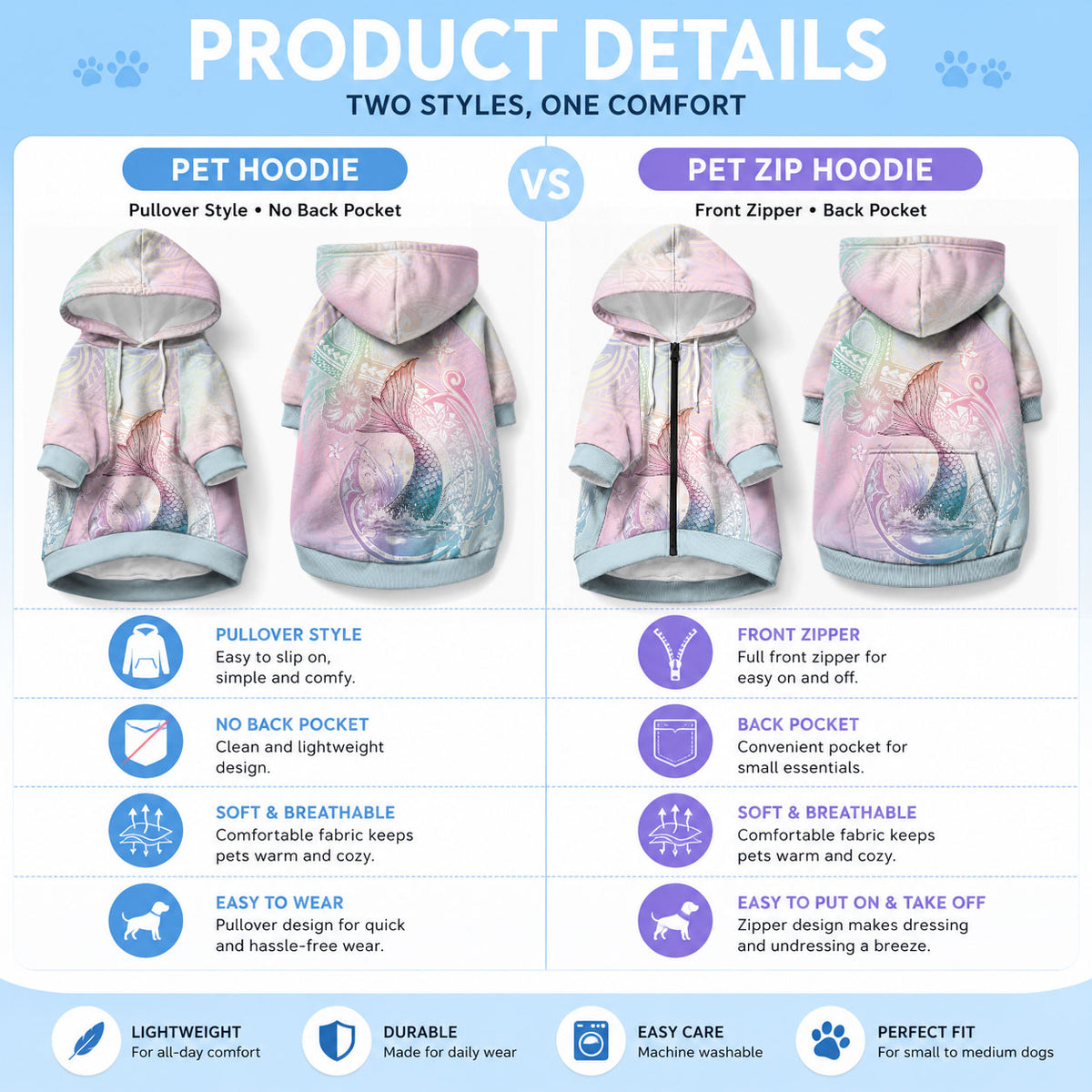 Hawaii Mermaid Sweet Pastel Pet Hoodie Polynesian Pattern Fish Hook