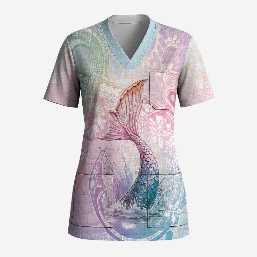 Hawaii Mermaid Sweet Pastel Scrub Top Polynesian Pattern Fish Hook LT01 Adult Multicolor - Polynesian Pride