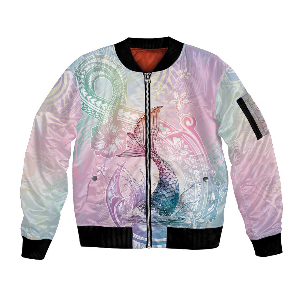 Hawaii Mermaid Sweet Pastel Sleeve Zip Bomber Jacket Polynesian Pattern Fish Hook LT01 Unisex Multicolor - Polynesian Pride