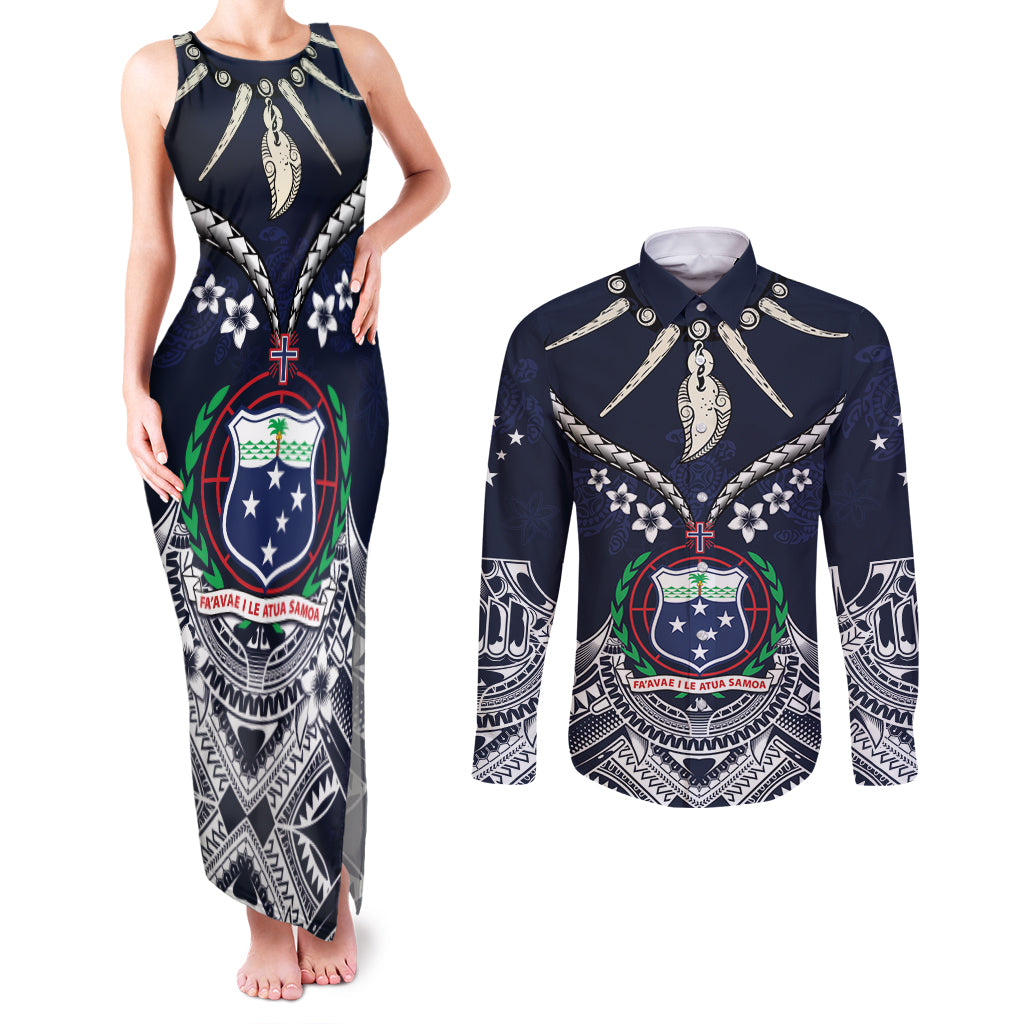 Samoa Independence Day Couples Matching Tank Maxi Dress and Long Sleeve Button Shirt Ula Nifo Mix Turtle LT01 Blue - Polynesian Pride