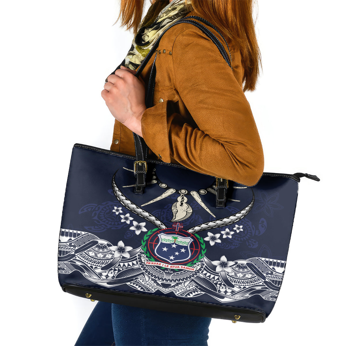 Samoa Independence Day Leather Tote Bag Ula Nifo Mix Turtle LT01 Blue - Polynesian Pride