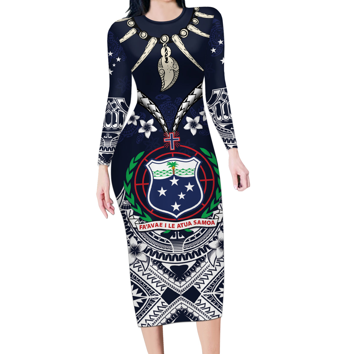 Samoa Independence Day Long Sleeve Bodycon Dress Ula Nifo Mix Turtle LT01 Long Dress Blue - Polynesian Pride