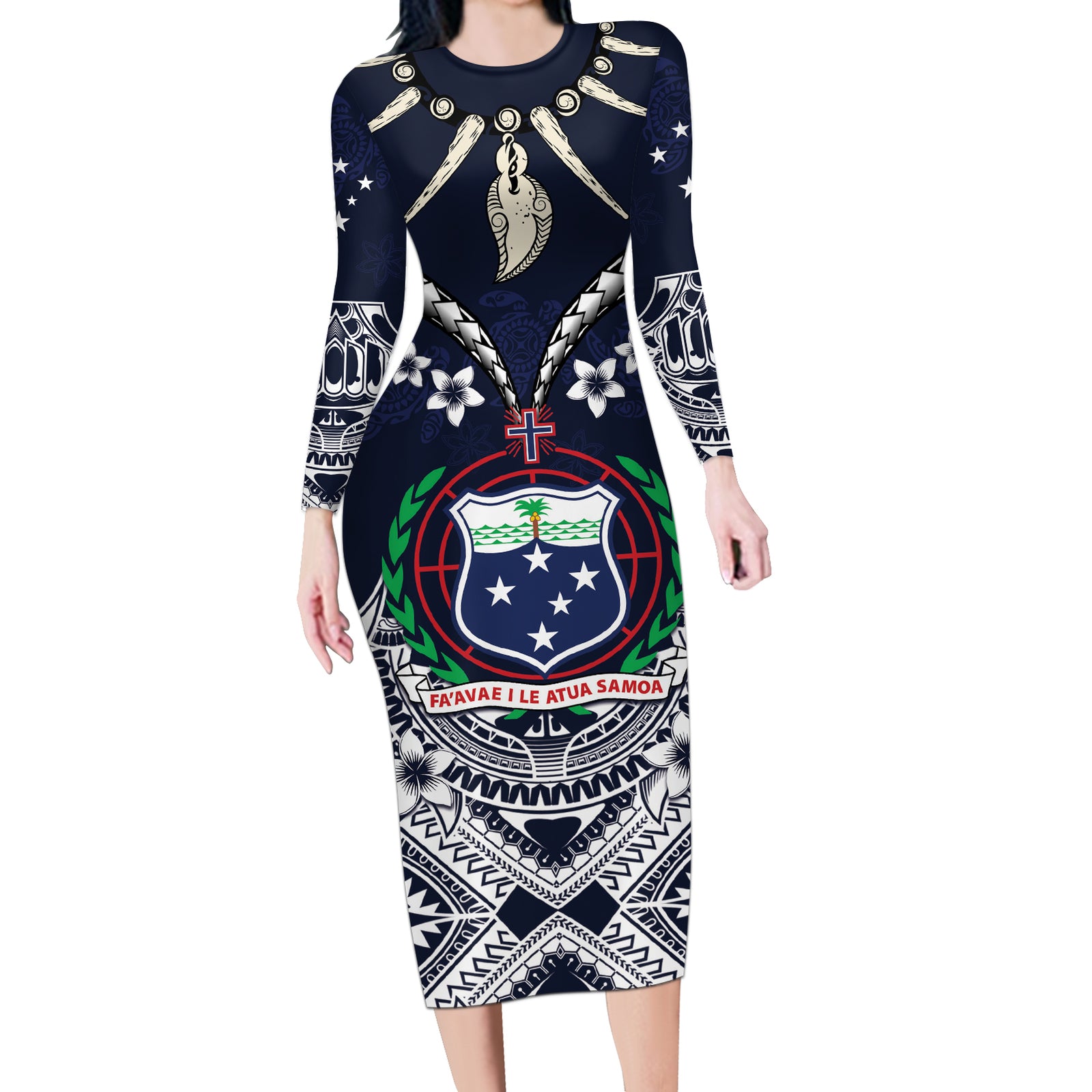 Samoa Independence Day Long Sleeve Bodycon Dress Ula Nifo Mix Turtle LT01 Long Dress Blue - Polynesian Pride