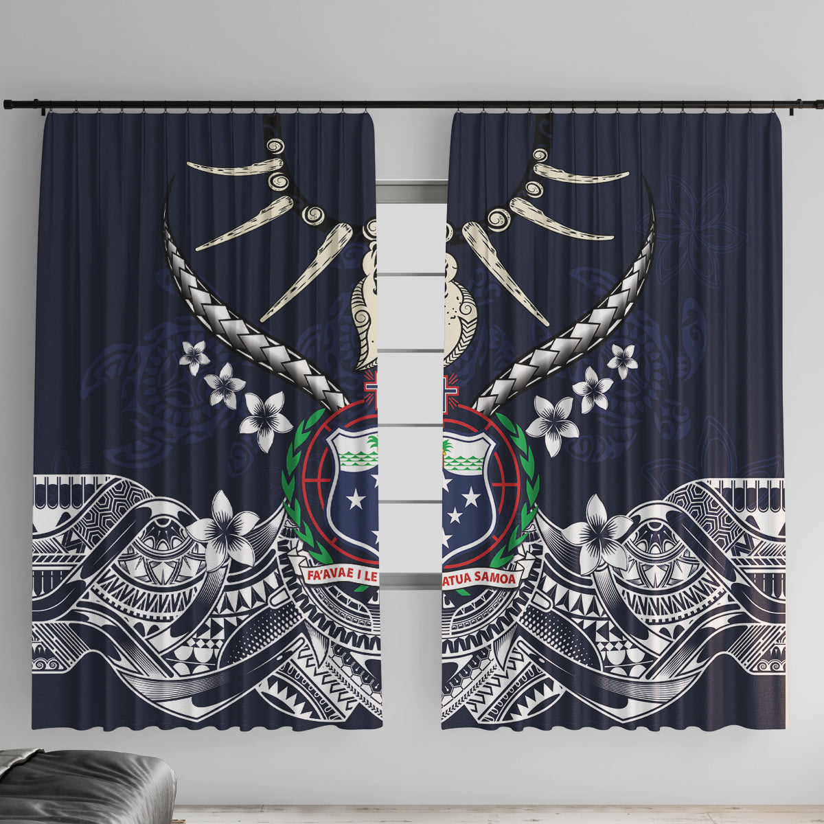 Samoa Independence Day Window Curtain Ula Nifo Mix Turtle LT01 With Hooks Blue - Polynesian Pride