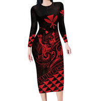 Personalized King Kamehameha Day Long Sleeve Bodycon Dress Kakau Polynesian Pattern LT01 Long Dress Red - Polynesian Pride