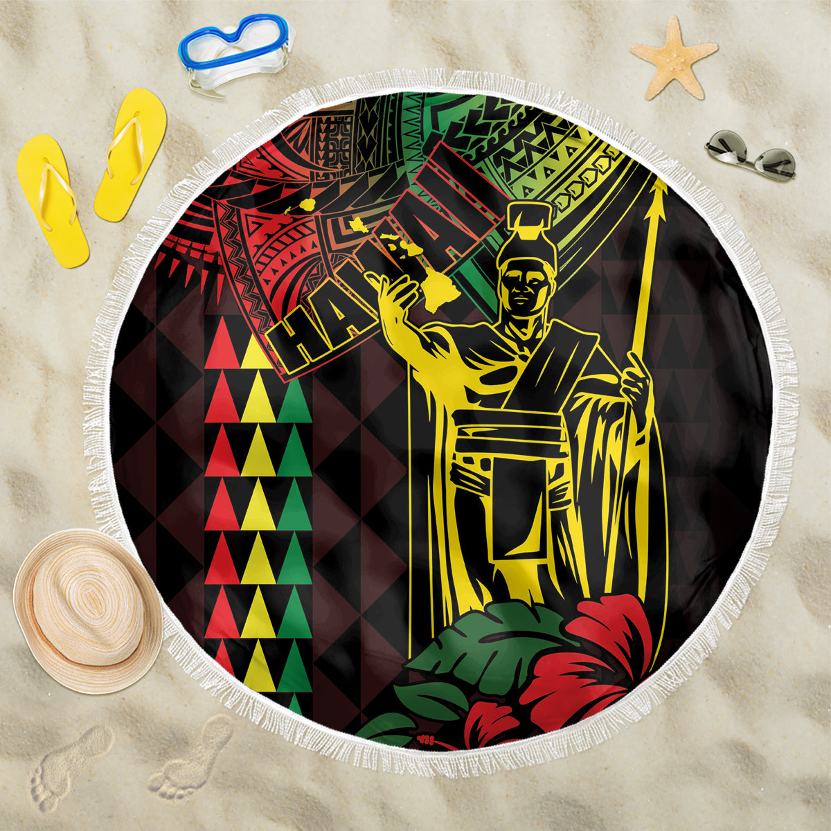 King Kamehameha Day Beach Blanket Hawaii Kakau Reggae LT01 One Size 150cm Black - Polynesian Pride