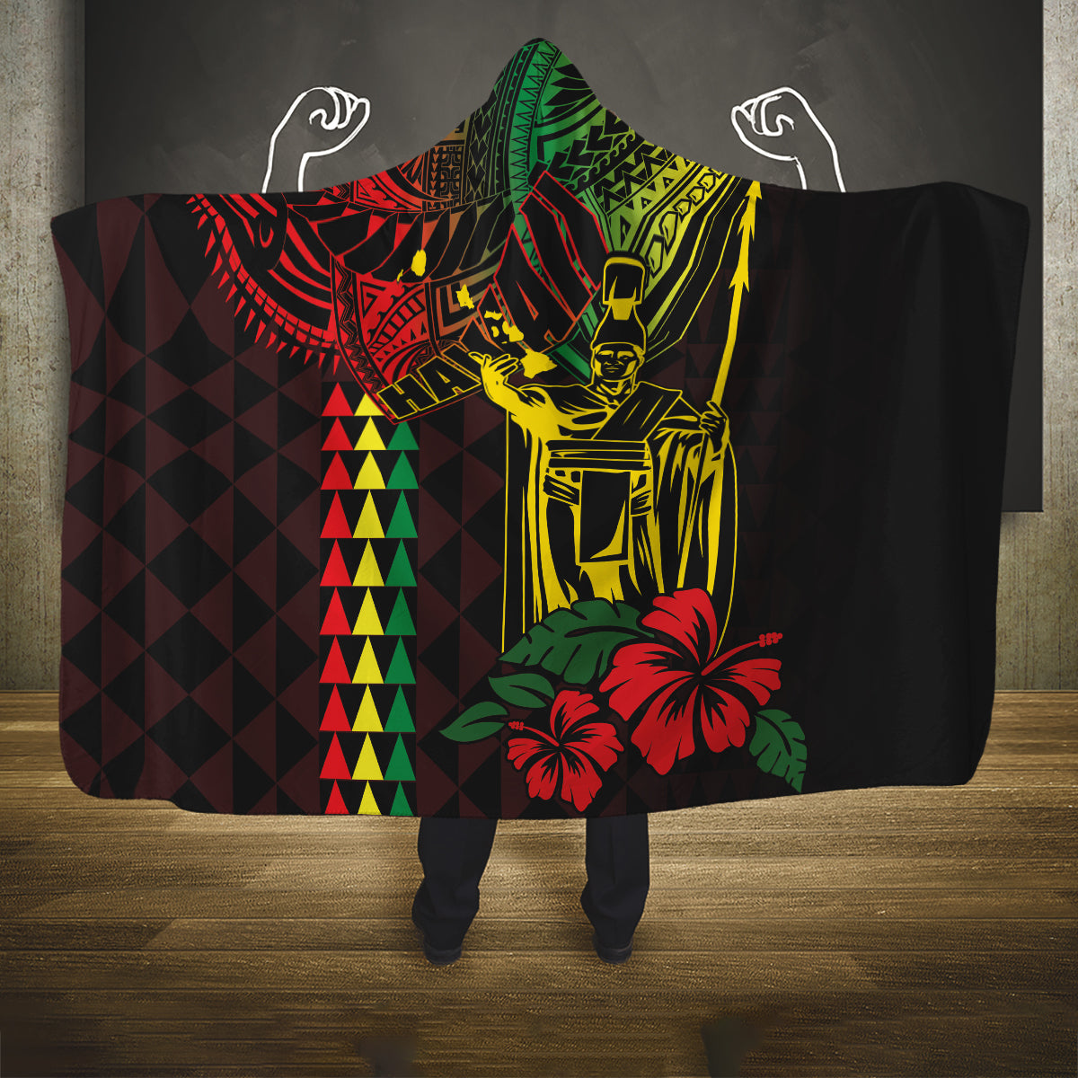 King Kamehameha Day Hooded Blanket Hawaii Kakau Reggae LT01 One Size Black - Polynesian Pride