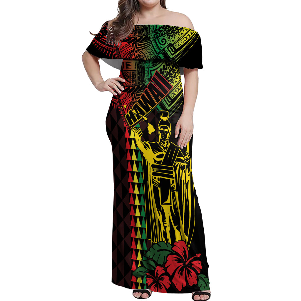 King Kamehameha Day Off Shoulder Maxi Dress Hawaii Kakau Reggae LT01 Women Black - Polynesian Pride