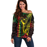 King Kamehameha Day Off Shoulder Sweater Hawaii Kakau Reggae LT01 Women Black - Polynesian Pride