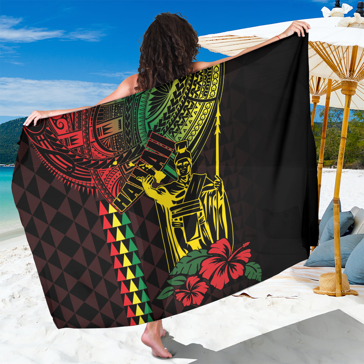 King Kamehameha Day Sarong Hawaii Kakau Reggae LT01 One Size 44 x 66 inches Black - Polynesian Pride