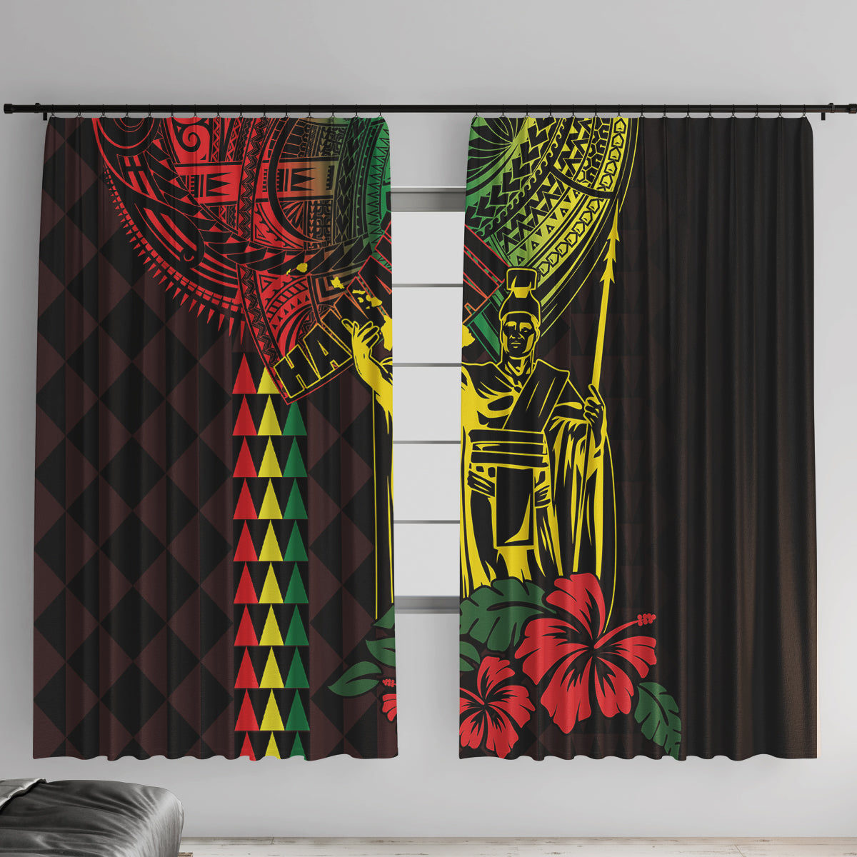 King Kamehameha Day Window Curtain Hawaii Kakau Reggae LT01 With Hooks Black - Polynesian Pride