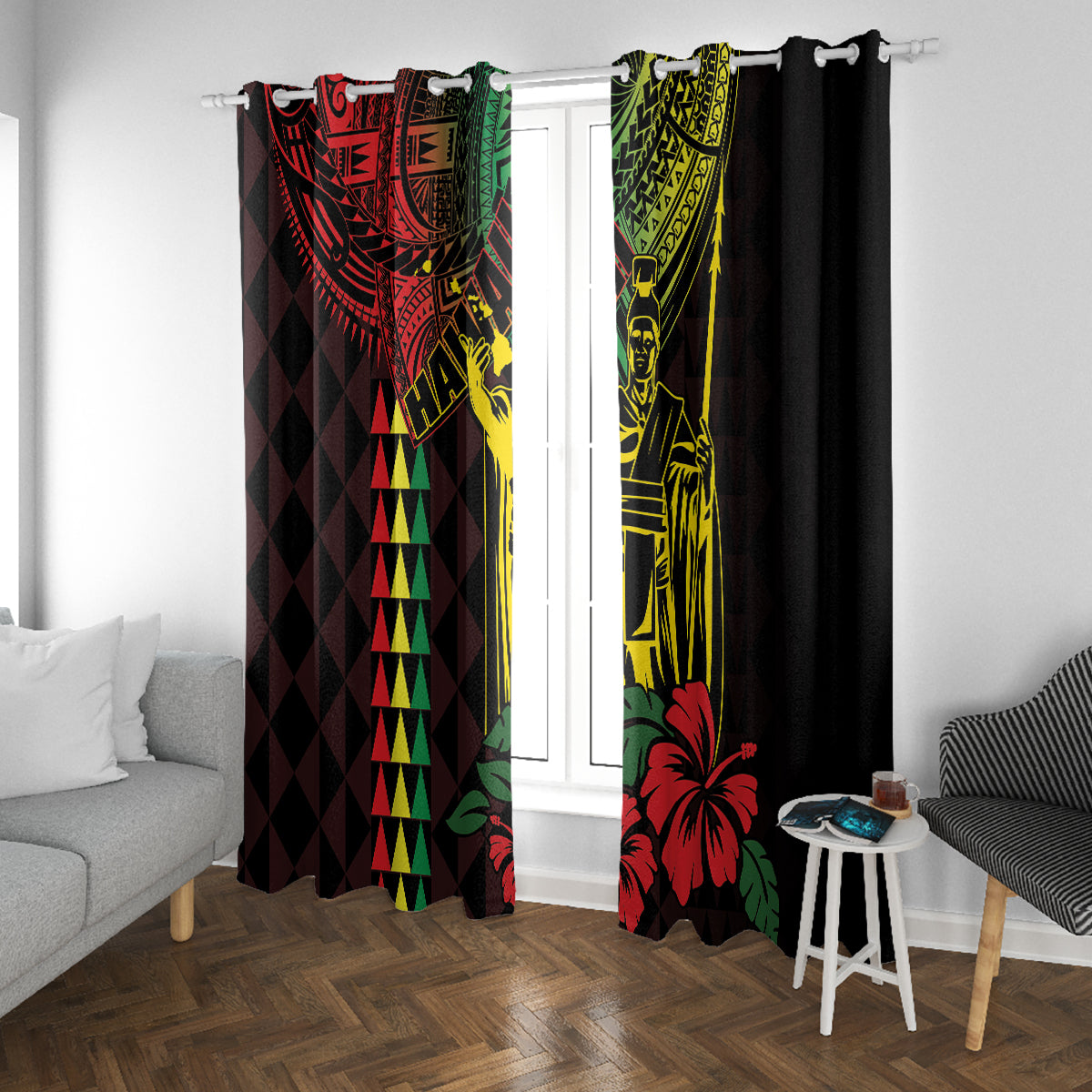 King Kamehameha Day Window Curtain Hawaii Kakau Reggae LT01 With Grommets Black - Polynesian Pride