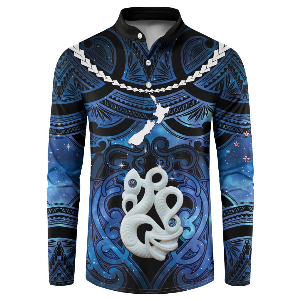 Personalized Maori Matariki Manaia Button Sweatshirt Maori Kowhaiwhai Pattern Galaxy LT01 Blue - Polynesian Pride