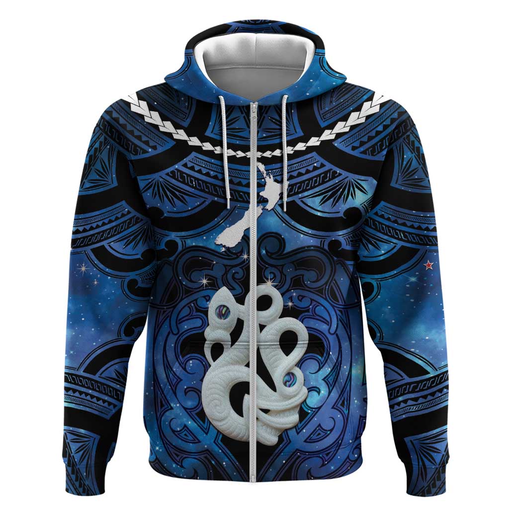 Personalized Maori Matariki Manaia Hoodie Maori Kowhaiwhai Pattern Galaxy LT01 Zip Hoodie Blue - Polynesian Pride