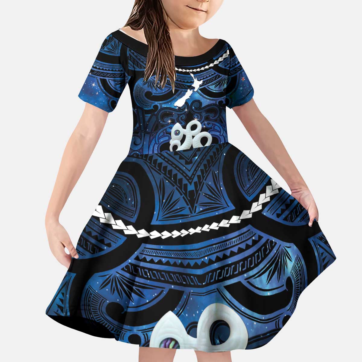 Personalized Maori Matariki Manaia Kid Short Sleeve Dress Maori Kowhaiwhai Pattern Galaxy LT01 KID Blue - Polynesian Pride