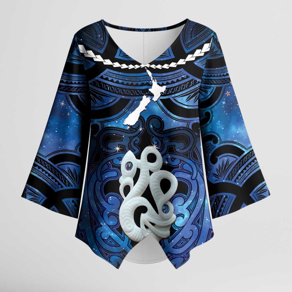 Personalized Maori Matariki Manaia Kimono Sleeve Blouse Maori Kowhaiwhai Pattern Galaxy LT01 Female Blue - Polynesian Pride