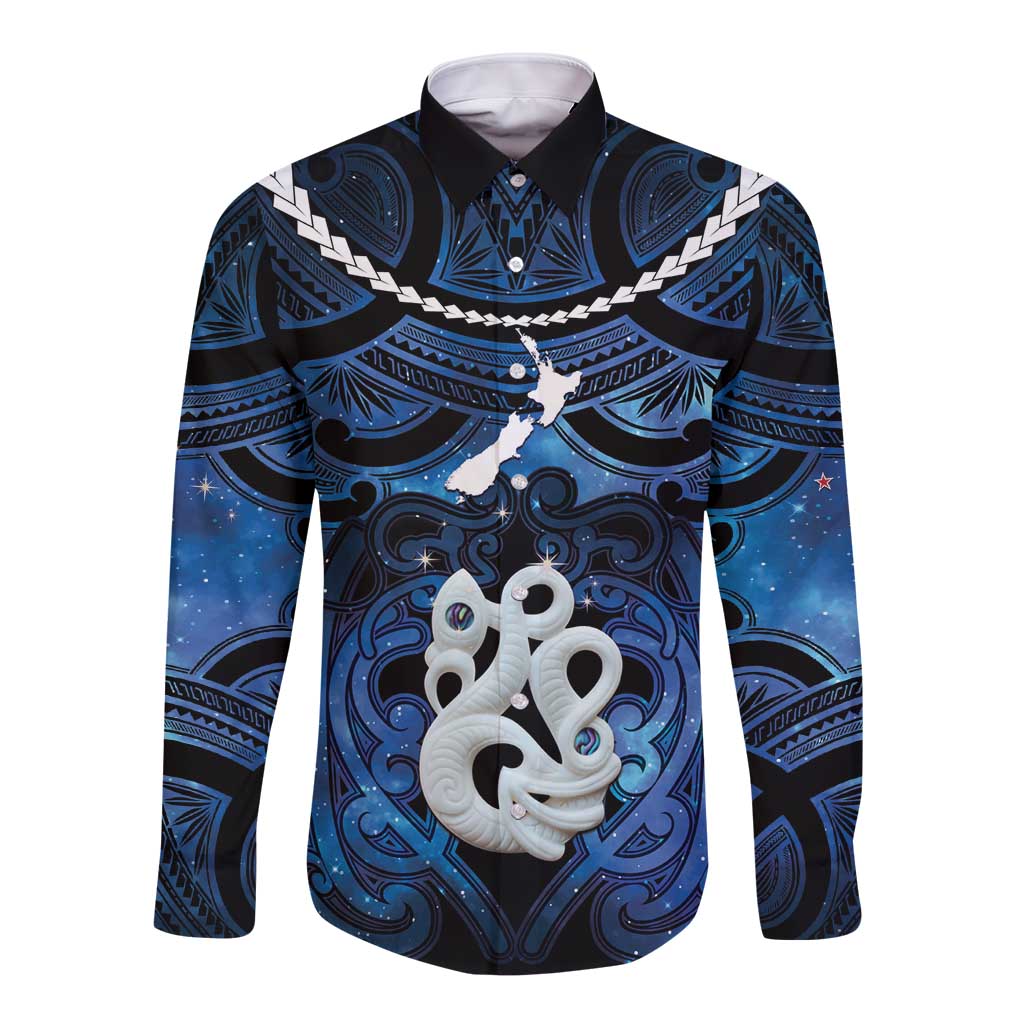 Personalized Maori Matariki Manaia Long Sleeve Button Shirt Maori Kowhaiwhai Pattern Galaxy LT01 Unisex Blue - Polynesian Pride