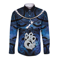 Personalized Maori Matariki Manaia Long Sleeve Button Shirt Maori Kowhaiwhai Pattern Galaxy LT01 Unisex Blue - Polynesian Pride