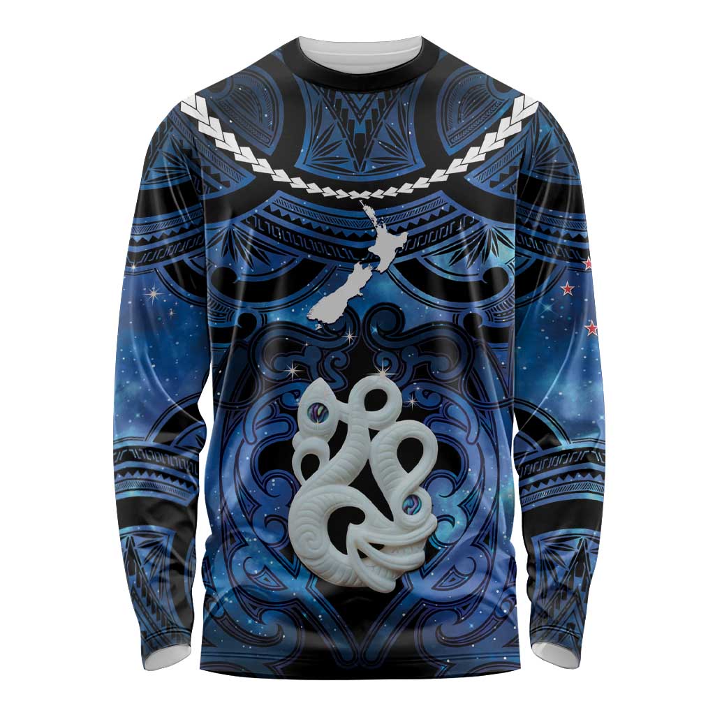 Personalized Maori Matariki Manaia Long Sleeve Shirt Maori Kowhaiwhai Pattern Galaxy LT01 Unisex Blue - Polynesian Pride