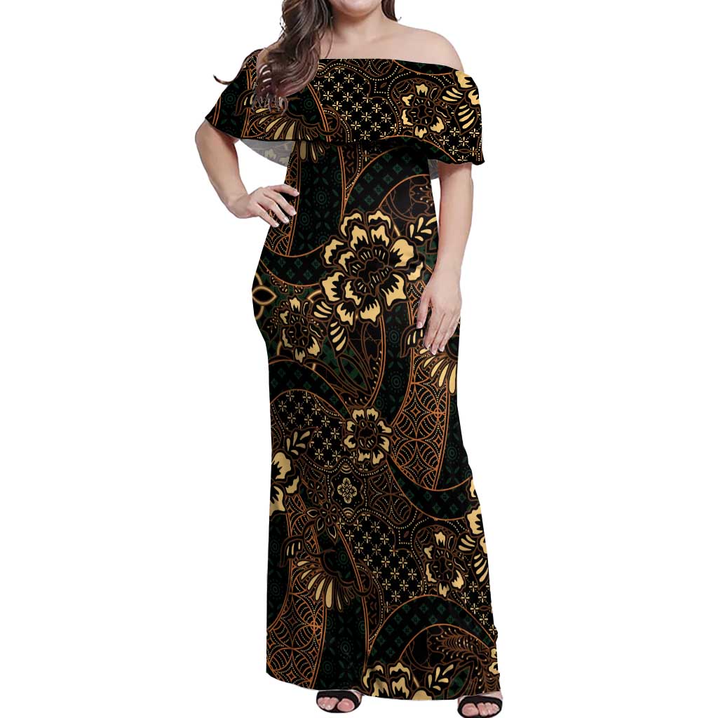 Indonesian Batik Pattern Vintage Brown Off Shoulder Maxi Dress LT01 Women Brown - Polynesian Pride