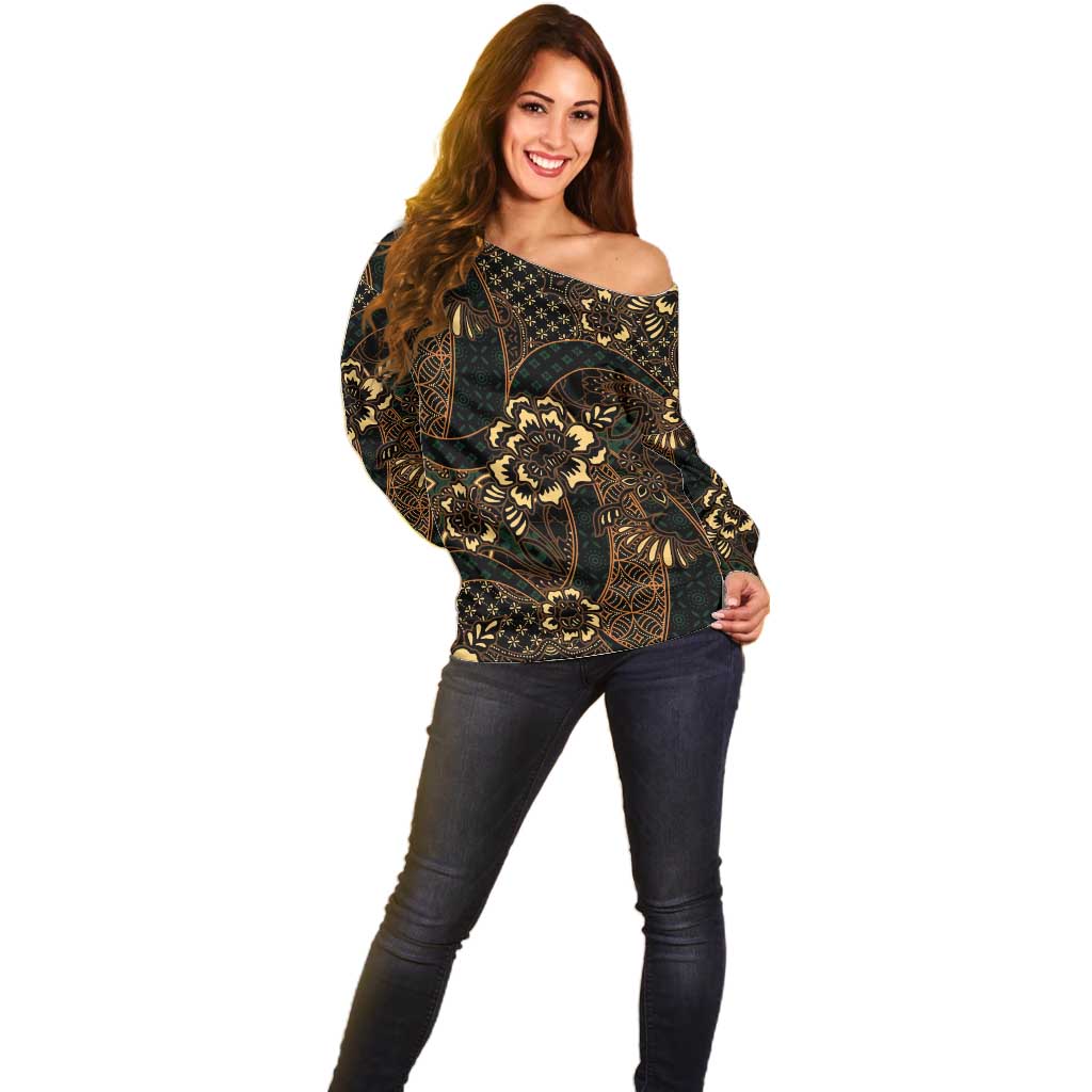Indonesian Batik Pattern Vintage Brown Off Shoulder Sweater LT01 - Polynesian Pride