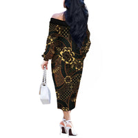Indonesian Batik Pattern Vintage Brown Off The Shoulder Long Sleeve Dress LT01 - Polynesian Pride