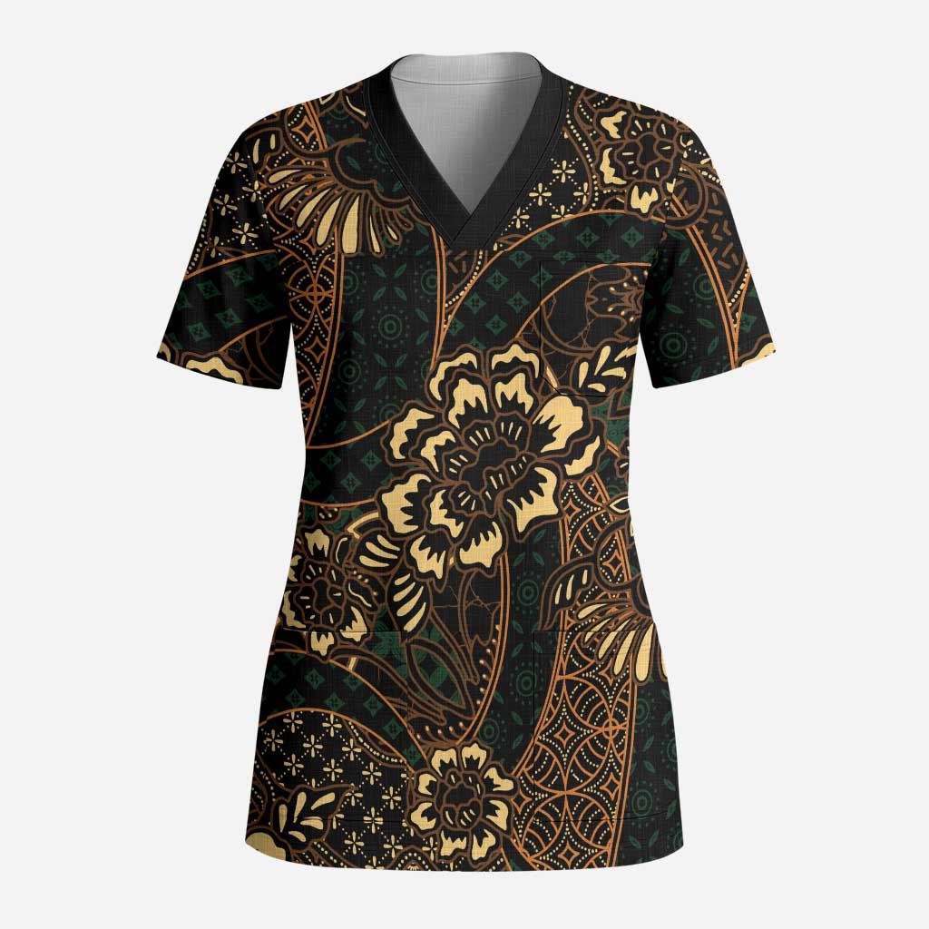Indonesian Batik Pattern Vintage Brown Scrub Top LT01 Adult Brown - Polynesian Pride