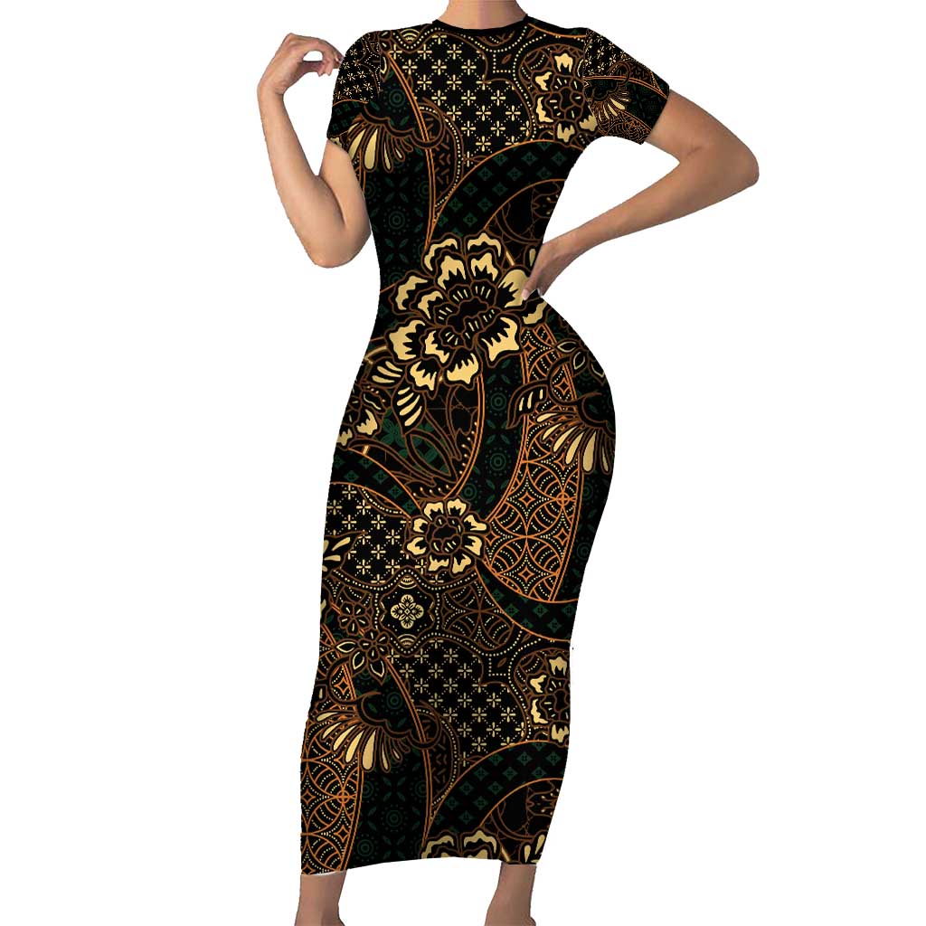 Indonesian Batik Pattern Vintage Brown Short Sleeve Bodycon Dress LT01 Long Dress Brown - Polynesian Pride