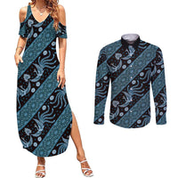 Indonesia Batik Pattern Couples Matching Summer Maxi Dress and Long Sleeve Button Shirt Blue Version LT01 Blue - Polynesian Pride