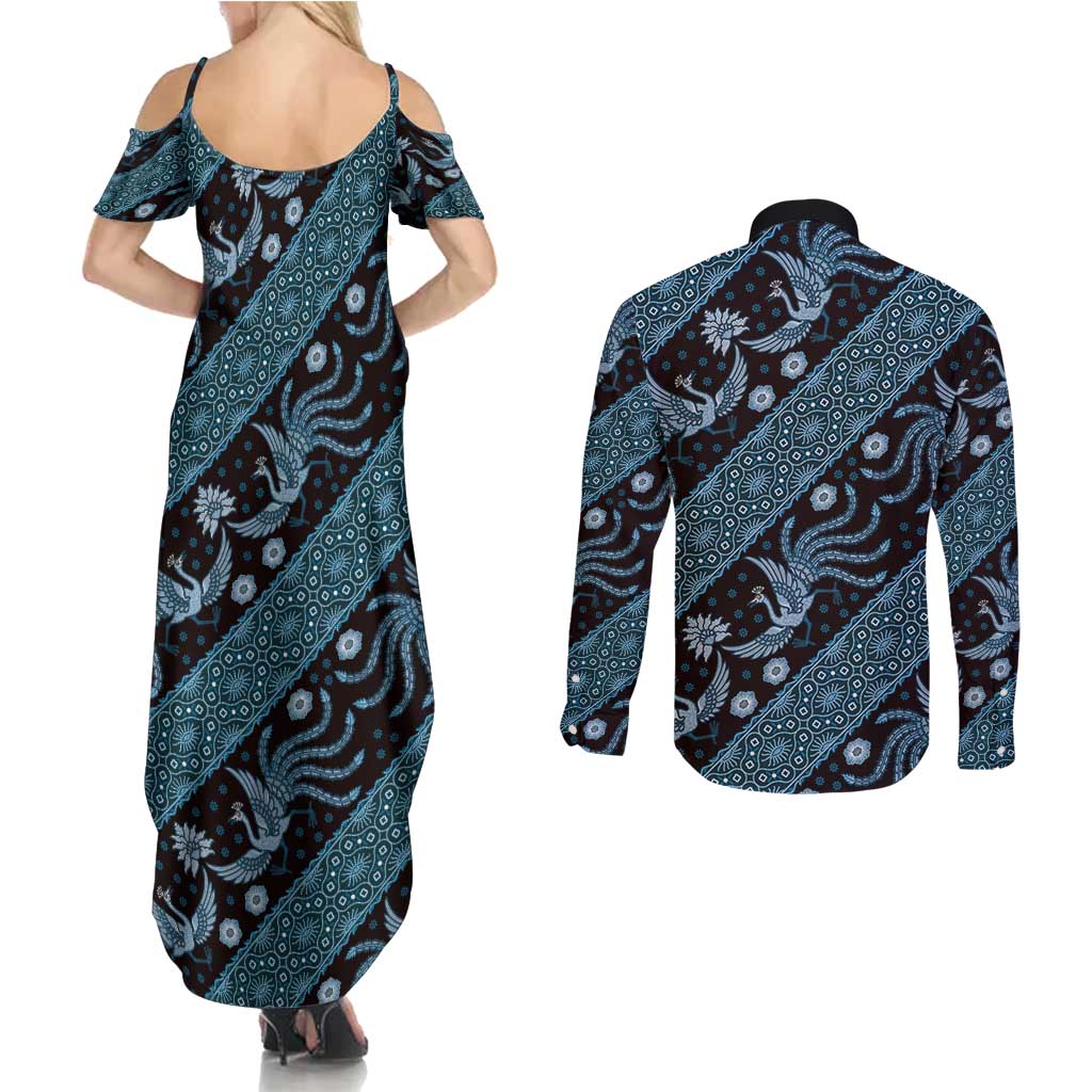 Indonesia Batik Pattern Couples Matching Summer Maxi Dress and Long Sleeve Button Shirt Blue Version LT01 - Polynesian Pride