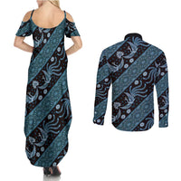 Indonesia Batik Pattern Couples Matching Summer Maxi Dress and Long Sleeve Button Shirt Blue Version LT01 - Polynesian Pride