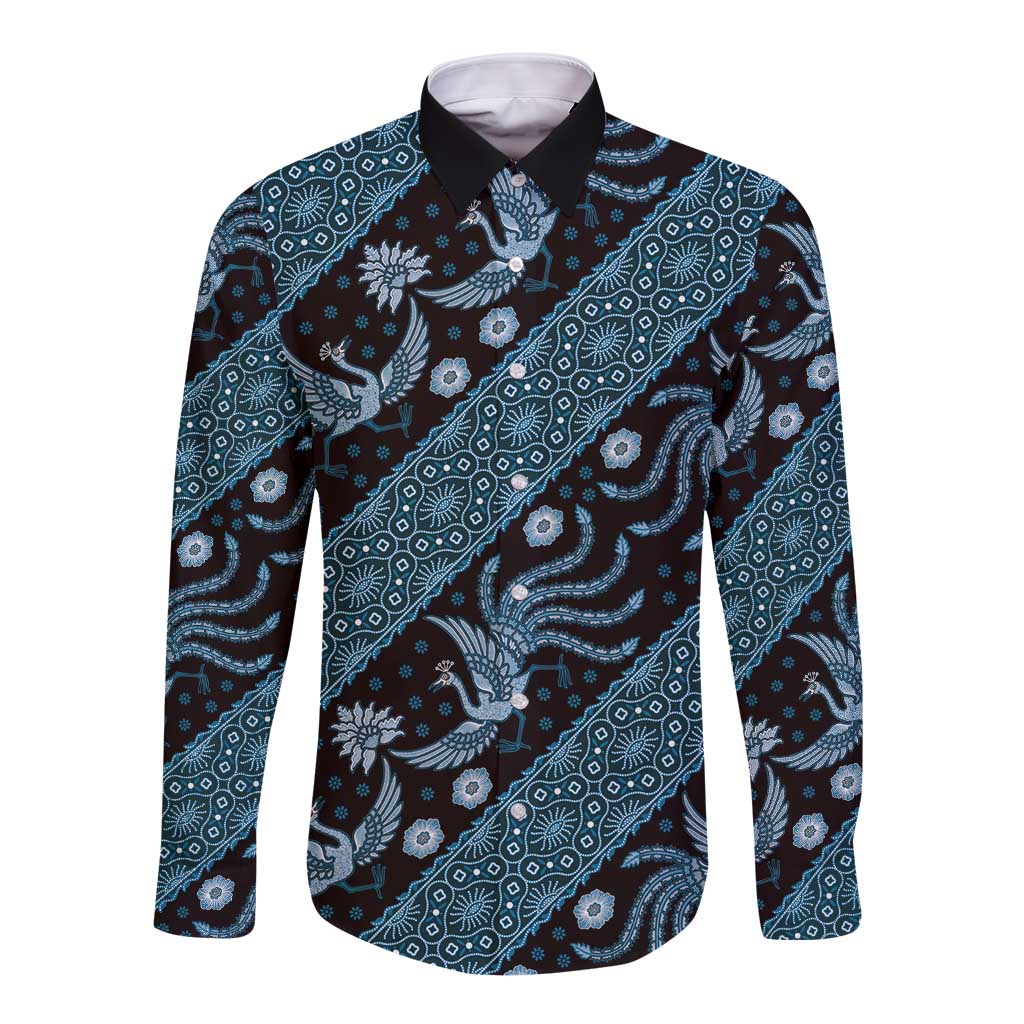 Indonesia Batik Pattern Long Sleeve Button Shirt Blue Version LT01 Unisex Blue - Polynesian Pride
