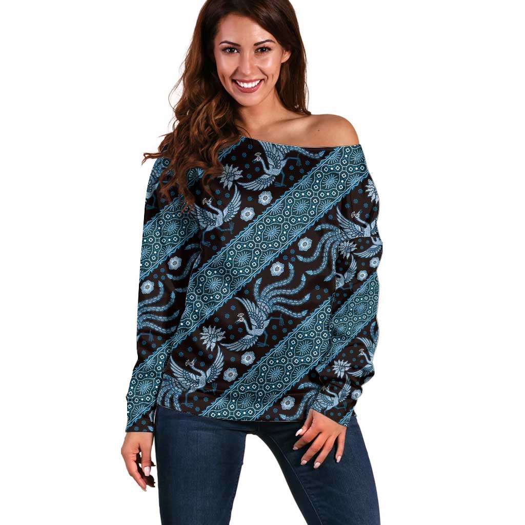 Indonesia Batik Pattern Off Shoulder Sweater Blue Version LT01 Women Blue - Polynesian Pride