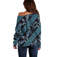 Indonesia Batik Pattern Off Shoulder Sweater Blue Version LT01 - Polynesian Pride