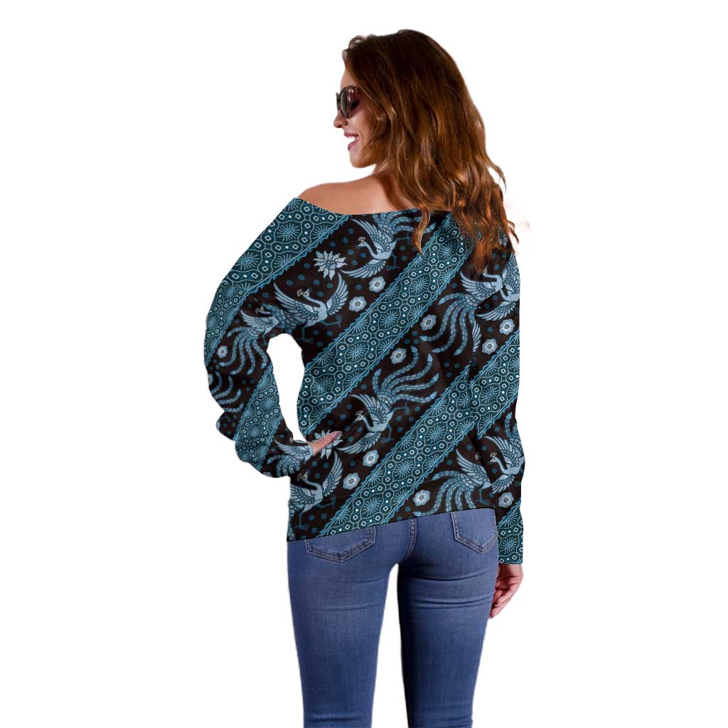 Indonesia Batik Pattern Off Shoulder Sweater Blue Version LT01 - Polynesian Pride