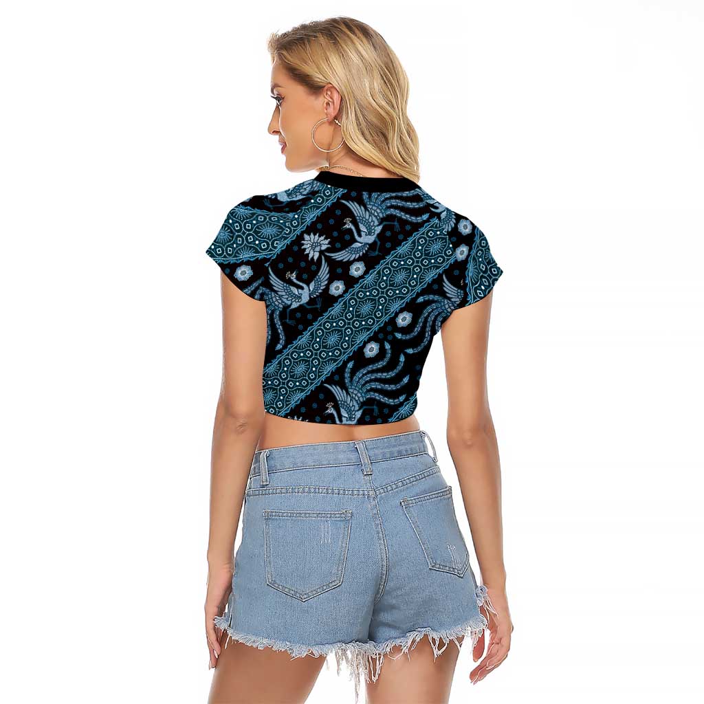 Indonesia Batik Pattern Raglan Cropped T Shirt Blue Version LT01 - Polynesian Pride