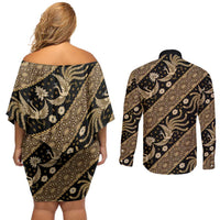 Indonesia Batik Pattern Couples Matching Off Shoulder Short Dress and Long Sleeve Button Shirt Gold Version LT01 - Polynesian Pride