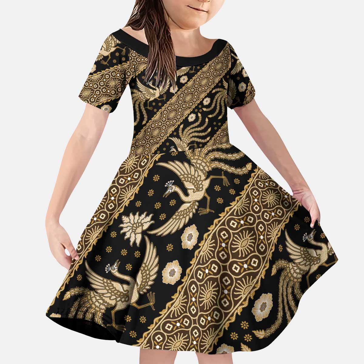 Indonesia Batik Pattern Kid Short Sleeve Dress Gold Version LT01 KID Gold - Polynesian Pride