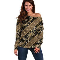 Indonesia Batik Pattern Off Shoulder Sweater Gold Version LT01 Women Gold - Polynesian Pride