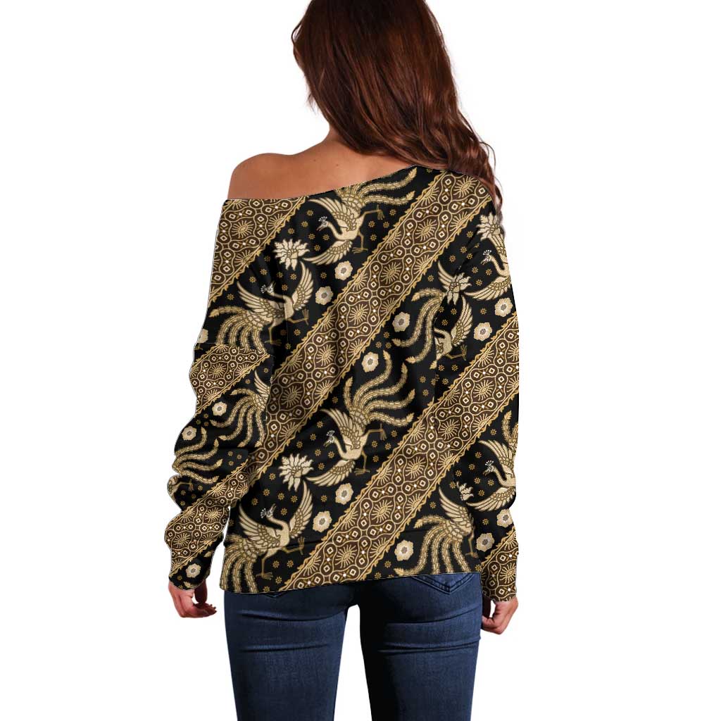 Indonesia Batik Pattern Off Shoulder Sweater Gold Version LT01 - Polynesian Pride