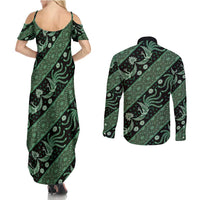 Indonesia Batik Pattern Couples Matching Summer Maxi Dress and Long Sleeve Button Shirt Green Version LT01 - Polynesian Pride