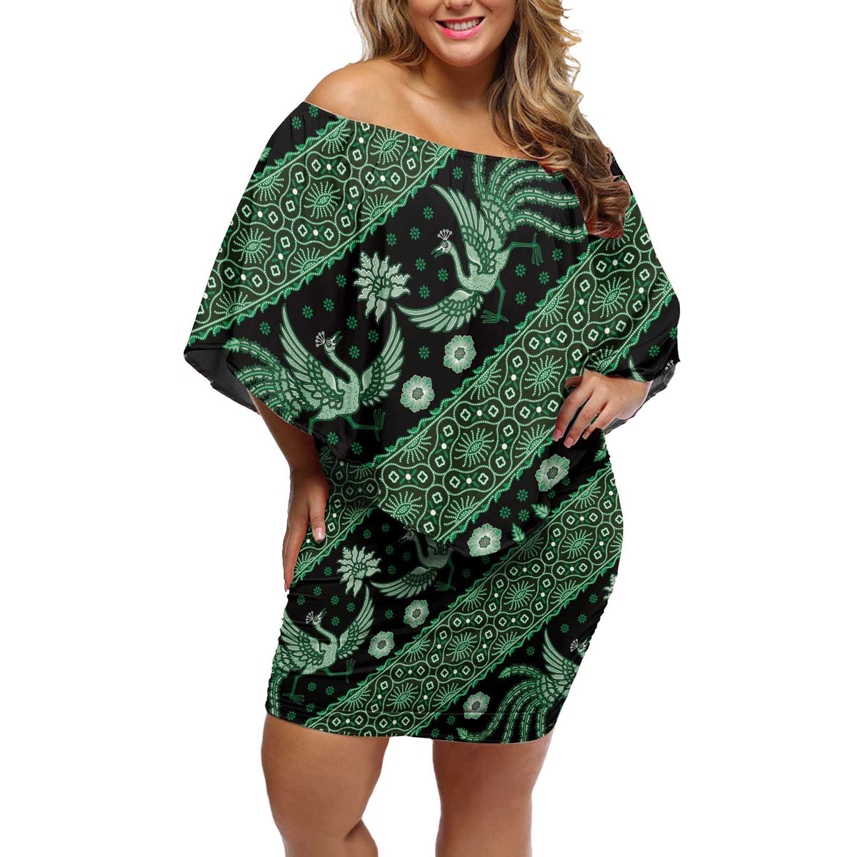 Indonesia Batik Pattern Off Shoulder Short Dress Green Version LT01 Women Green - Polynesian Pride
