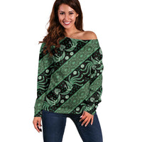 Indonesia Batik Pattern Off Shoulder Sweater Green Version LT01 Women Green - Polynesian Pride