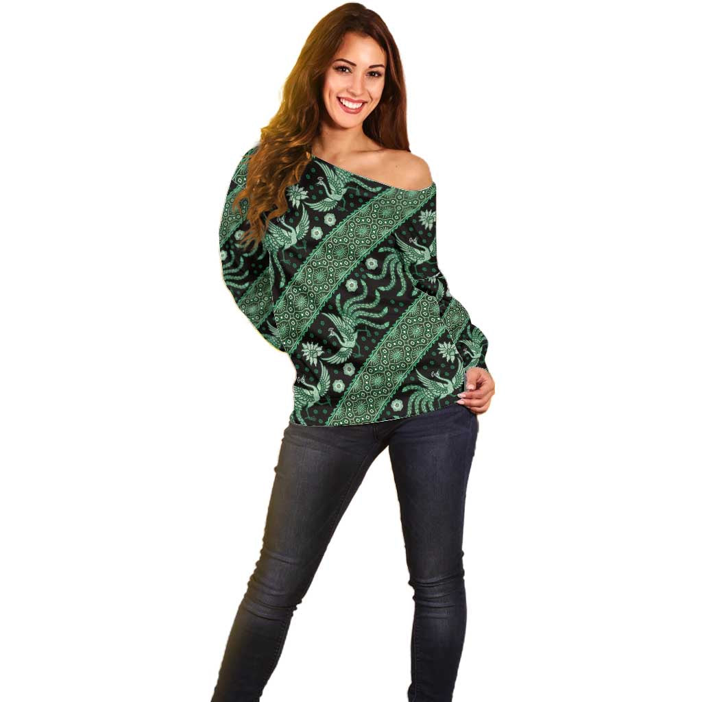 Indonesia Batik Pattern Off Shoulder Sweater Green Version LT01 - Polynesian Pride