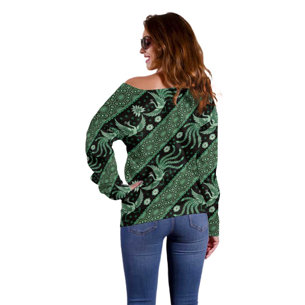 Indonesia Batik Pattern Off Shoulder Sweater Green Version LT01 - Polynesian Pride