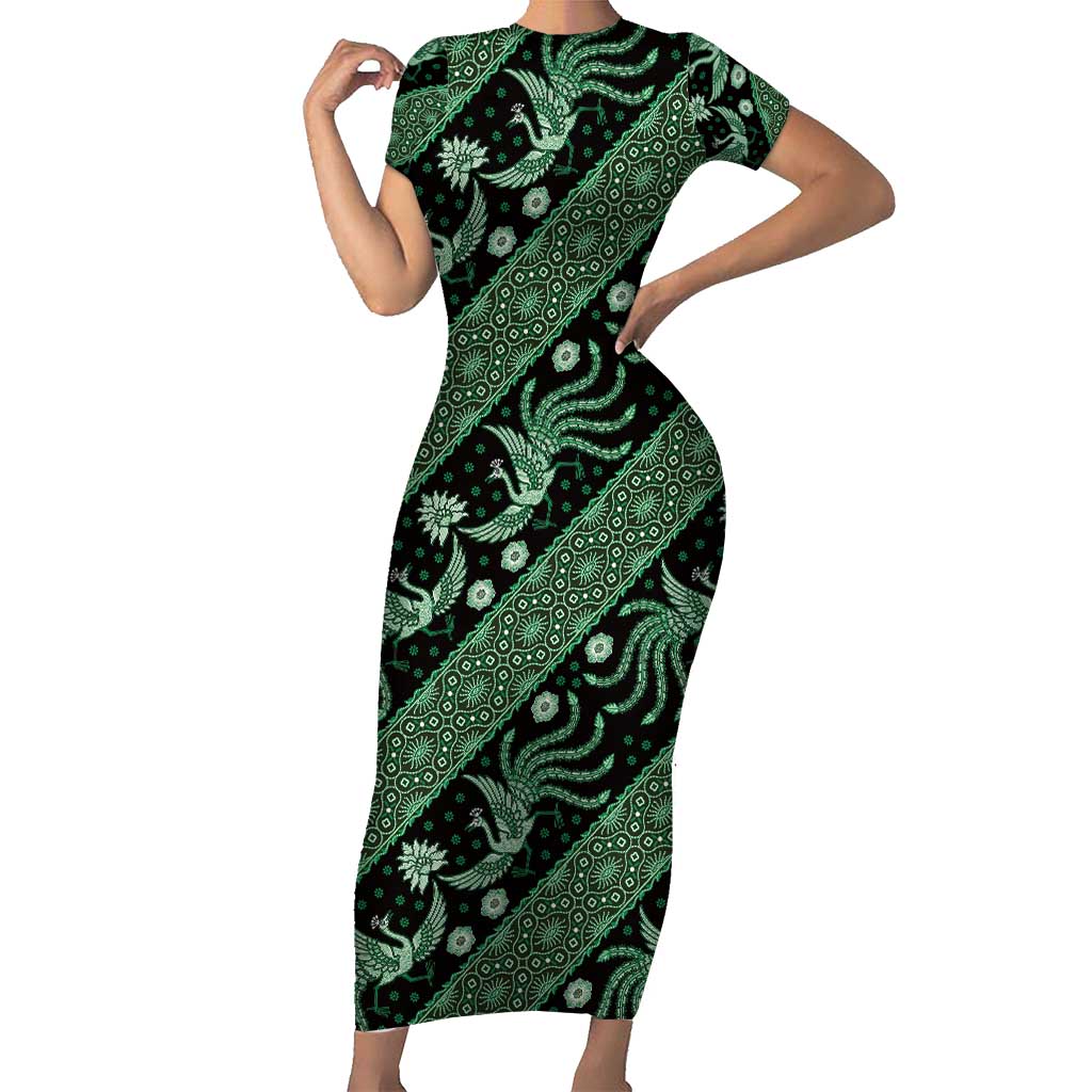 Indonesia Batik Pattern Short Sleeve Bodycon Dress Green Version LT01 Long Dress Green - Polynesian Pride