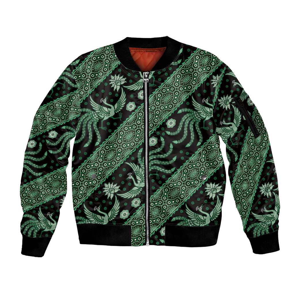Indonesia Batik Pattern Sleeve Zip Bomber Jacket Green Version LT01 Unisex Green - Polynesian Pride