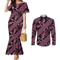 Indonesia Batik Pattern Couples Matching Mermaid Dress and Long Sleeve Button Shirt Pink Version LT01 Pink - Polynesian Pride